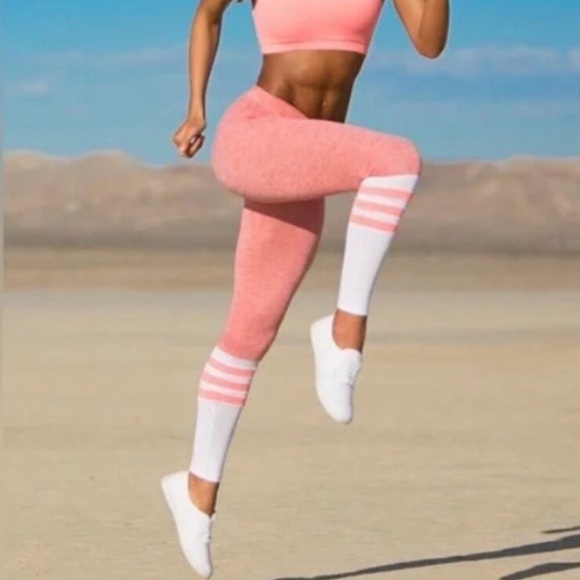 Bombshell Sportswear Pants - Bombshell Sportswear Coral Pink & White mid waist ankle sock leggings